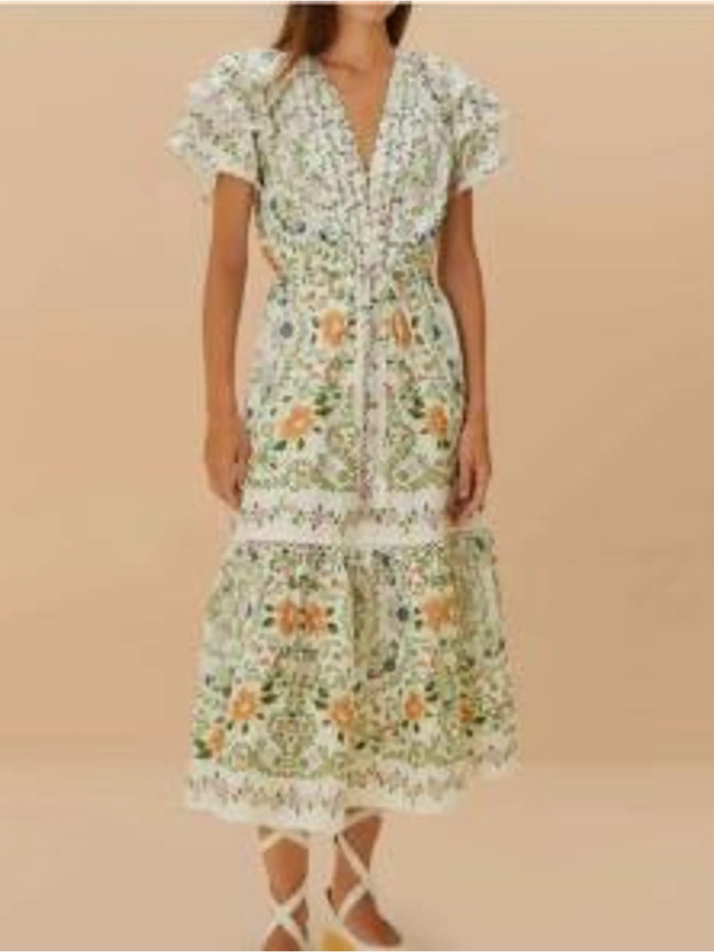 $310 Farm Rio Off-White Folk Floral Lace Tiered Midi Dress - M
